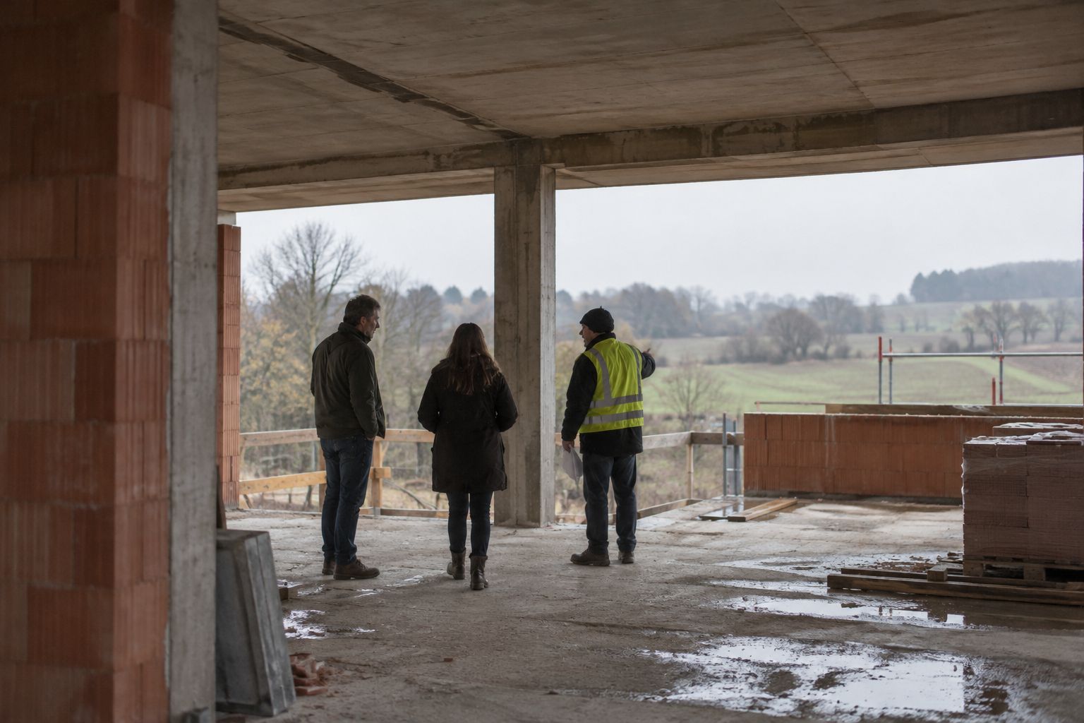 Drei Personen im Rohbau eines Gebäudes blicken auf die Landschaft, eine zeigt nach draußen